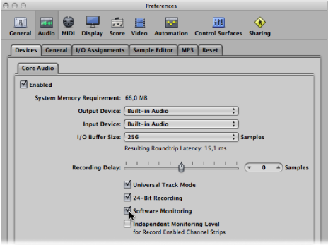 Figure. Software Monitoring checkbox in the Core Audio pane in the Devices preferences.