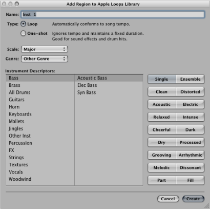 Figure. Add Region to Apple Loops Library dialog.