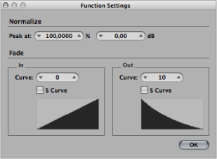 Figure. Function Settings window with edited curve value on Fade Out.