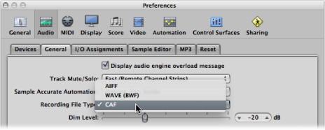 Figure. Recording File Type menu in the General pane in the Audio preferences.