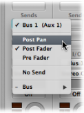 Figure. Send slot pop-up menu showing Post Pan, Post Fader, and Pre Fader options.