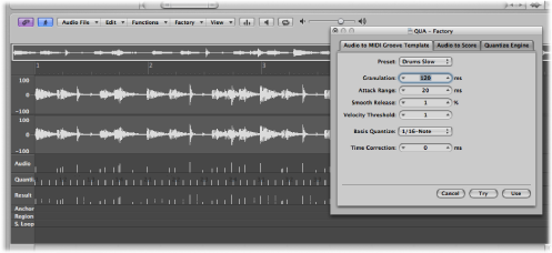 Figure. Sample Editor showing Audio, Quantize, and Result fields.