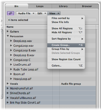 Figure. Create Group command in Audio Bin View menu.