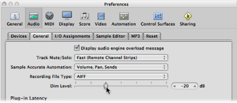 Figure. Dim Level slider in the General pane in the Audio preferences.