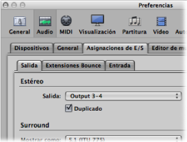 Figure. Output pane in the I/O Assignments pane in the Audio preferences.