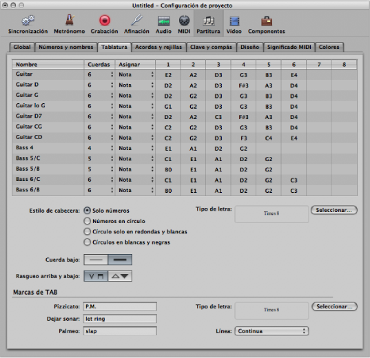 Figure. Tablature pane of the Score project settings.