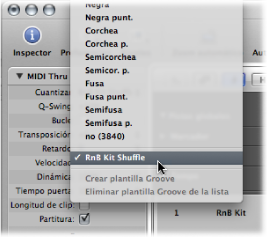 Figure. Quantize pop-up menu showing the default groove template name selected.