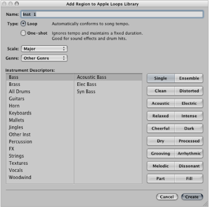 Figure. Add Region to Apple Loops Library dialog.
