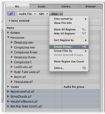 Figure. Create Group command in Audio Bin View menu.