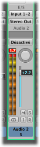 Figure. Channel strip with peak level display showing signal clipping.