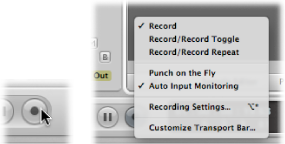 Figure. Record button in the Transport bar with shortcut menu to advanced recording commands.