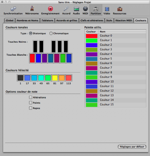Figure. Colors pane of the Score project settings.
