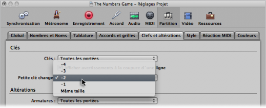 Figure. Smaller Clef Changes pop-up menu in the Clefs and Signatures pane.