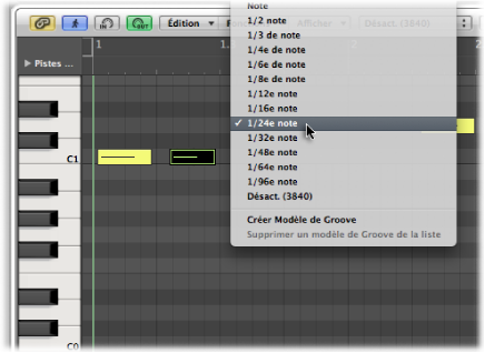 Figure. Piano Roll Editor showing the Quantize shortcut menu.