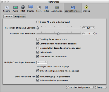 Figure. Control Surfaces preference window of Logic Pro.