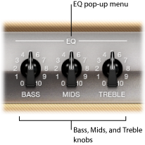Figure. EQ pop-up menu and Bass, Mids, and Treble knobs.