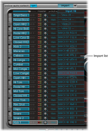 Figure. List of sounds in Assignment section and import list.