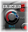Figure. Cutoff knob, showing adjustment to Mod menu parameter value.