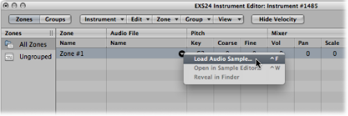Figure. Pop-up menu showing Load Audio Sample.