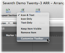 Figure. Toolbar shortcut menu showing Customize Toolbar menu item.