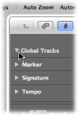 Figure. Global tracks showing Marker, Signature, and Tempo tracks.