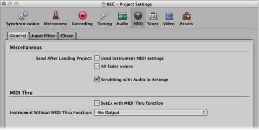 Figure. General pane in the MIDI project settings.