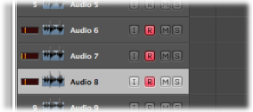 Figure. Audio track header’s with Record Enable buttons turned on.