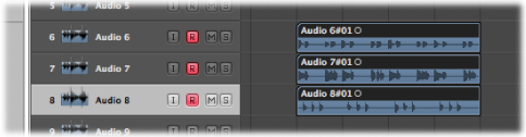 Figure. Arrange area with new audio regions on the three record-enabled tracks.