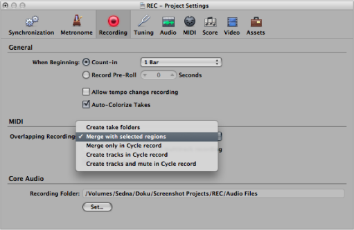 Figure. Overlapping Recordings menu in the Recording project settings pane.