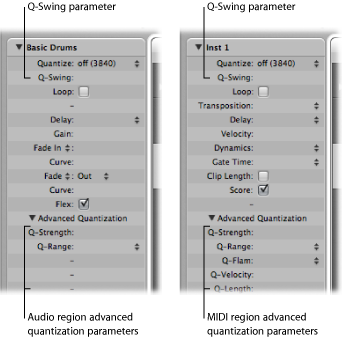 Figure. Region Parameter boxes showing audio and MIDI region quantization parameters.
