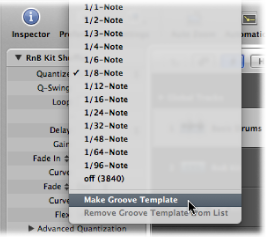 Figure. Quantize pop-up menu showing the Make Groove Template command selected.