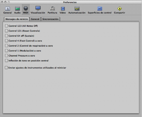 Figure. MIDI Reset Message preferences.