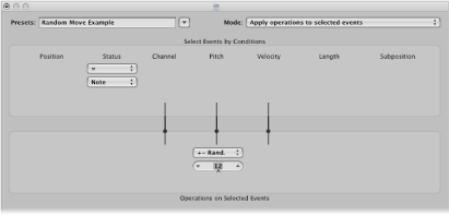 Figure. Transform window showing settings to randomly change the pitch of MIDI note events.