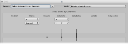 Figure. Transform window showing settings to delete volume events from a MIDI region.