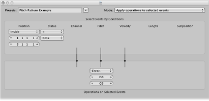 Figure. Transform window showing settings to create an ascending pitch pattern from notes of one pitch.