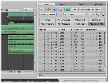 Figure. Event List tab showing all events in selected MIDI region.