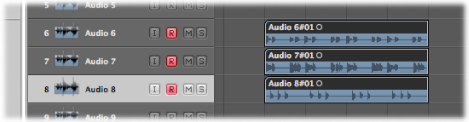 Figure. Arrange area with new audio regions on the three record-enabled tracks.