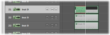 Figure. Arrange area with MIDI recording overlapping an existing MIDI region.
