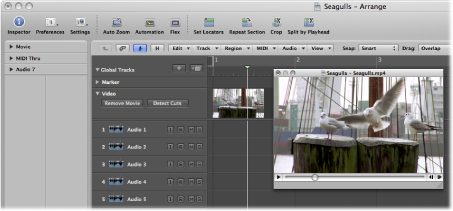 Figure. Arrange area showing movie in global Video track, and also opened as a separate Movie window.