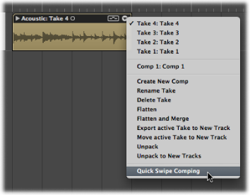 Figure. Take Folder pop-up menu showing the Quick Swipe Comping command.