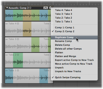 Figure. Pointing out the Duplicate Comp command in the Take Folder pop-up menu.