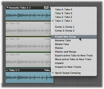 Figure. Take Folder pop-up menu showing the Create New Comp command selected.