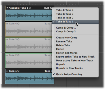 Figure. Take Folder pop-up menu showing a take selected.