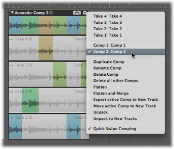 Figure. Take Folder pop-up menu showing a comp selected.