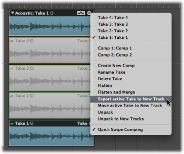 Figure. Take Folder pop-up menu showing the Export active Take to New Track command selected.