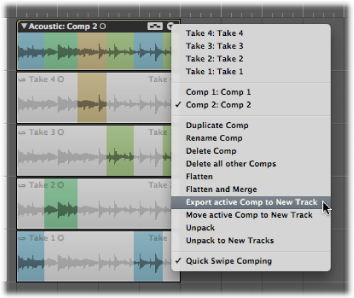 Figure. Take Folder pop-up menu showing the Export active Comp to New Track command selected.