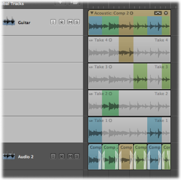 Figure. Displaying the exported comp on a new track below the take folder track.