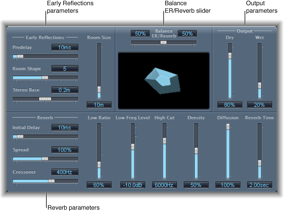Figure. PlatinumVerb window, showing main parameter areas.