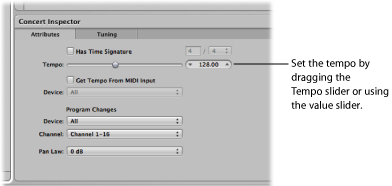 Figure. Dragging the Tempo slider in the Concert Inspector.