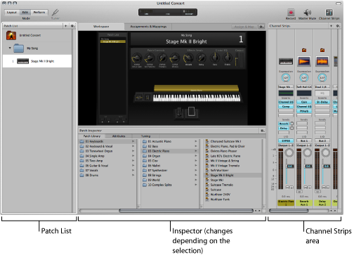 Figure. Edit Mode, showing the Patch List, Inspector, and Channel Strips area.